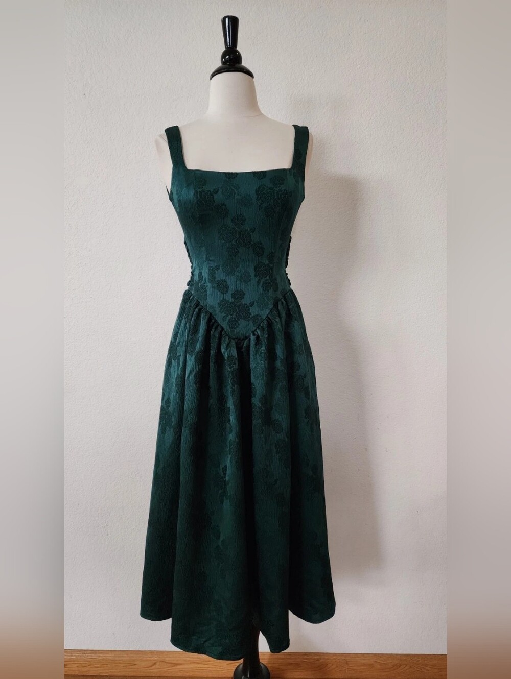 Dark Green Square Neck Floral Jacquard Midi Dress